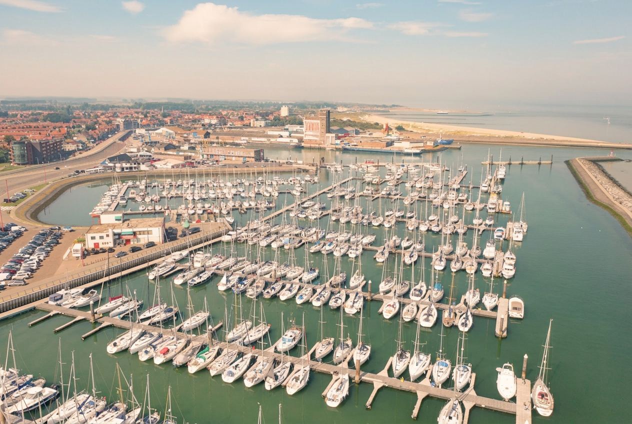 Luchtfoto vanuit een drone over de jachthaven van Breskens met honderden afgemeerde zeilboten