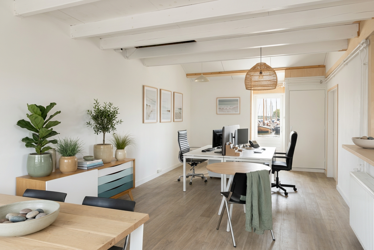 Ruim overzicht van Havenhut met rustige styling, planten en zicht op de haven