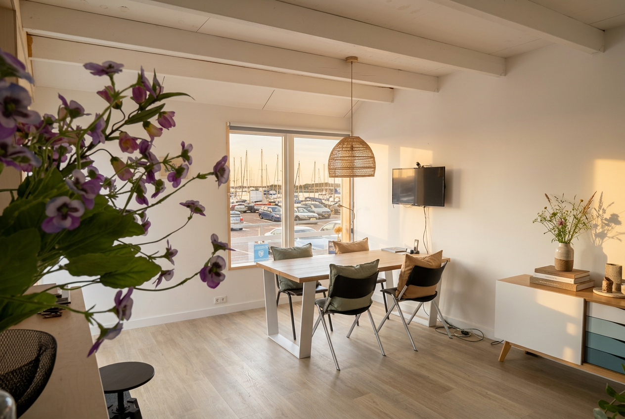 Gestylede werkplek van Havenhut met vergadertafel, bloemen en zicht op de jachthaven