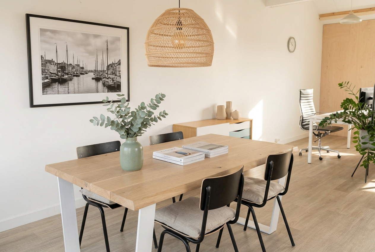 Vergadertafel in Havenhut met editorial styling en havenfotografie aan de muur